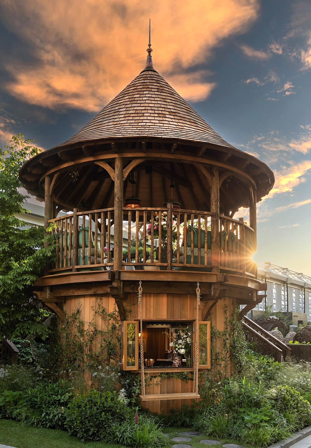 Front View - The Botanical Treehouse designed by Blue Forest and Randle Siddeley for the 2024 RHS Chelsea Flower Show